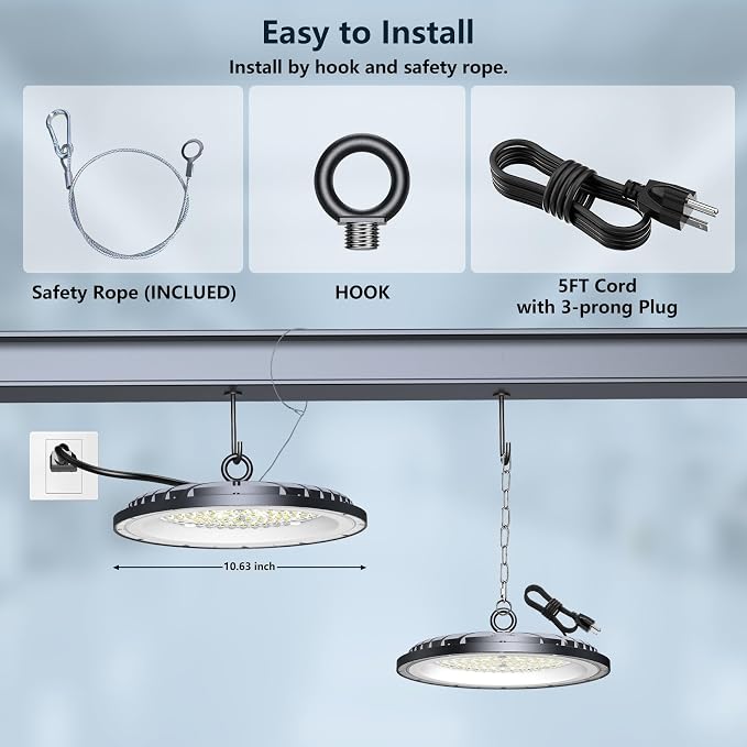 AIKVSXER 1 Pack LED Shop Lights, 300W 45000LM UFO LED High Bay Light | Warehouse Lights with 5' Cable US Plug, 6000K Daylight IP65 Waterproof LED Garage Lights, Commercial Bay Lighting