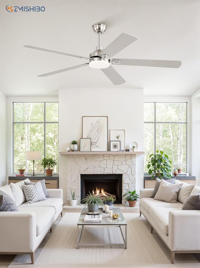 ZMISHIBO 60" Ceiling Fans with Lights and Remote, Nickel Modern for Indoor | Large Size, 3CCT, Downrod Mount, Farmhouse Dual Finish Blades, Quiet&Strong Motor, Memory Function for Bedroom, Living Room