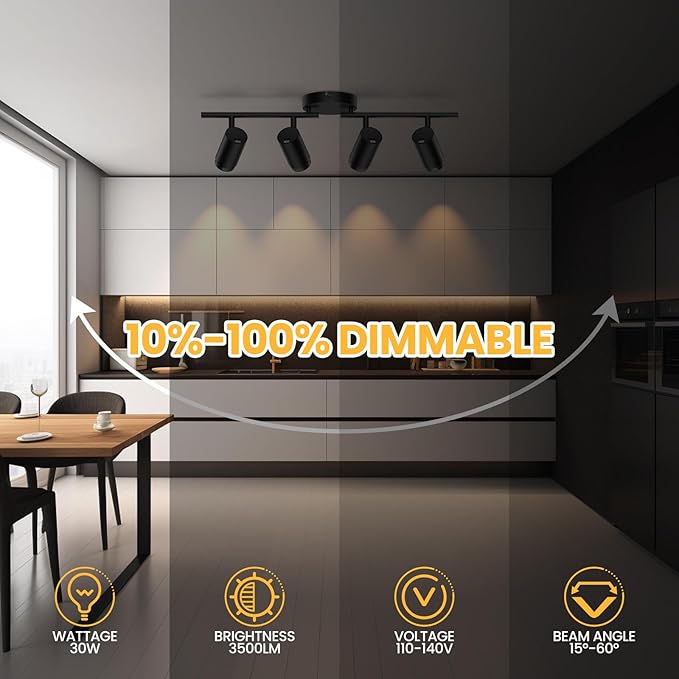 5-Color Zoomable 4 Light Track Lighting Fixtures Ceiling for Kitchen, Dimmable LED Track Lighting Kit, Ceiling Spotlight Flush Mount Adjustable Directional Spot Lights Indoor, CRI90 30W, Black