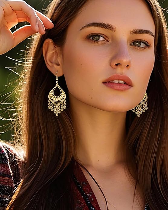Silver 14K Gold & Rose Gold Plated Boho Chandelier Earrings – Intricate Bohemian Earrings with Filigree and Tassel Earrings for Women Trendy