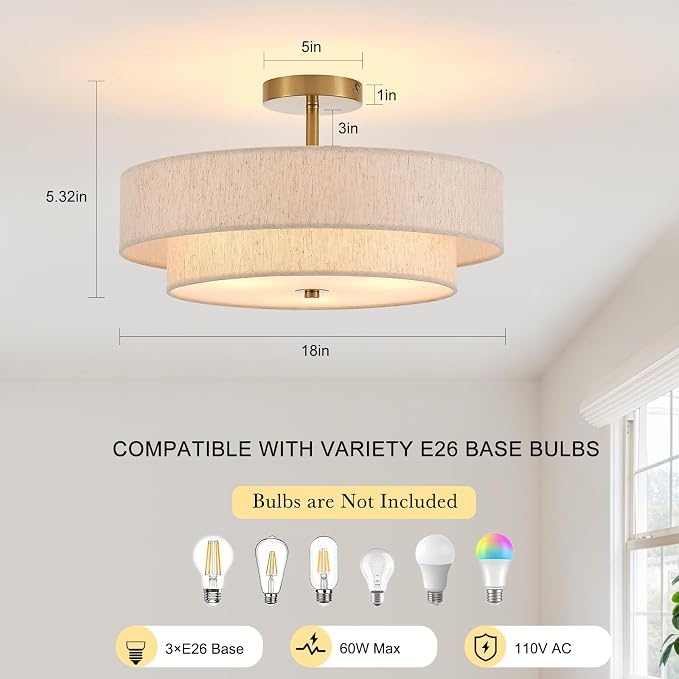18" Gold Semi Flush Mount Ceiling Light, 3-Light Double Drum | Beige Linen Double Drum Shade, Modern Gold Light Fixture For Bedroom,Living, Kitchen,Laundry; Close-To-Ceiling, E26, Dimmable