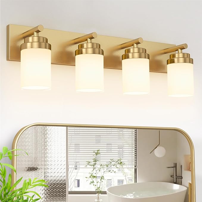IZORRO Bathroom Vanity Light Fixture, 4-Light 30 Inch Gold Bathroom Light Fixtures Over Mirror, with White Glass Shade, Modern Farmhouse Vanity Lights, Rustic Restroom Lighting Fixtures