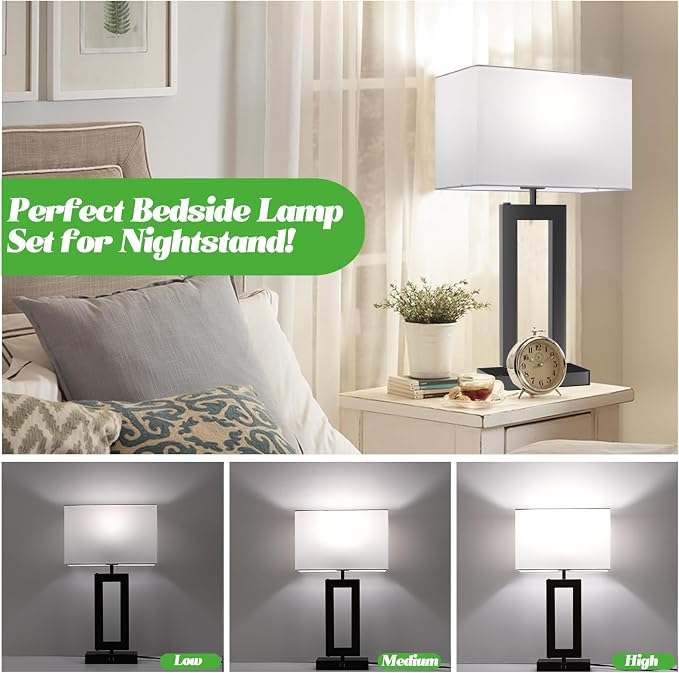 MoMyofdy White& Black Table Lamp Set of 2 Touch Control Lamps 3-Way Dimmable Bedroom Bedside Nightstand Lamps w/USB Ports Modern Table Lamp for Living Room End Table Office, 22’’ Tall, Daylight