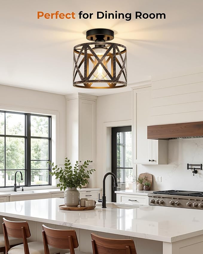 Farmhouse Semi Flush Mount Ceiling Light Fixture E26 Metal Cage Industrial Ceiling Lighting for Kitchen, Bedroom, Foyer, Entryway, Laundry Room, Dining Room, Hallway 8 Inch Gold
