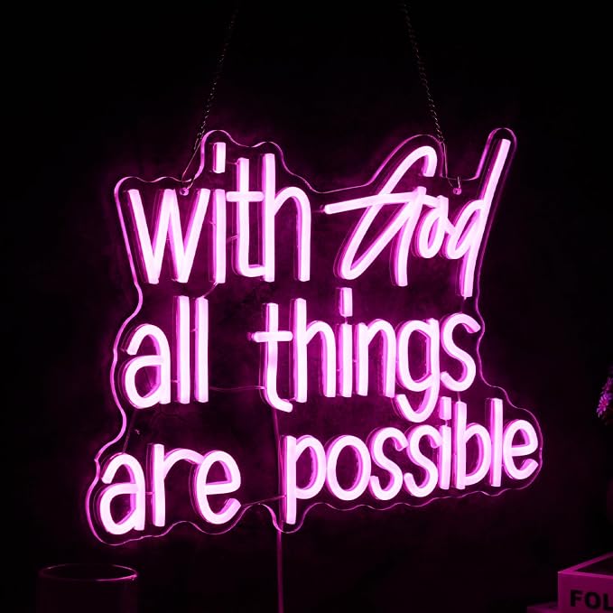 With God All Things Are Possible Neon Sign Beautiful Pink God Led Lights for Wall Decor Dimmable USB Powered Light up Sign 16.9 * 13 Inch Neon Light for Room Party Wedding Church Decor
