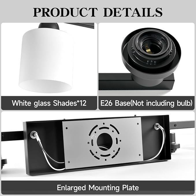 12 Light Black Vanity Lights for Giant Mirror, Bathroom Vanity Lights Over Mirror with Milky White Frosted Glass Shades,78.8 inch Bathroom Light Fixture for Mirrors, E26