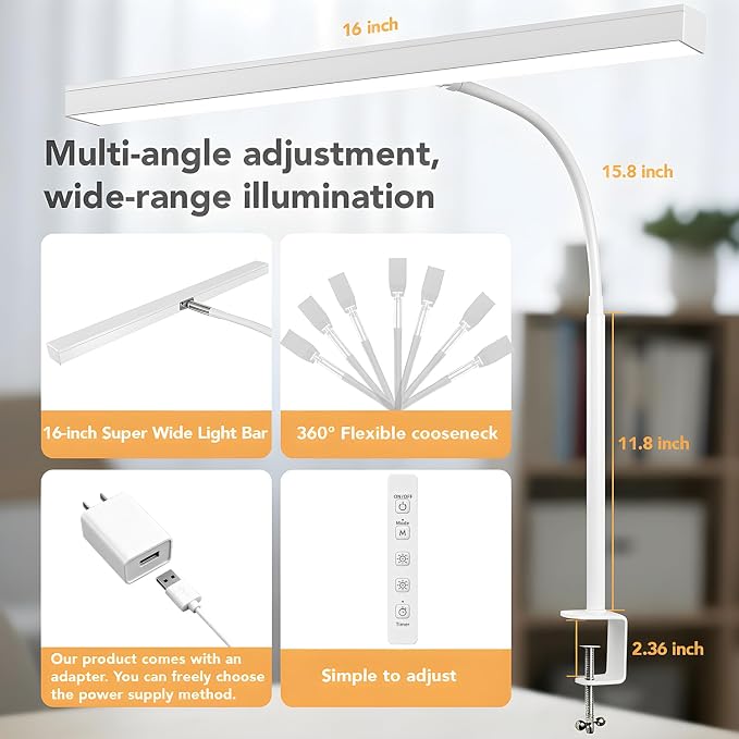 LED Desk Lamp with clamp, Remote Control Desk Lamp, 5 Color Modes & 10 Brightness Levels, 17'' Wide Light Bar, Eye Caring Gooseneck Desk Light, Adapter Included