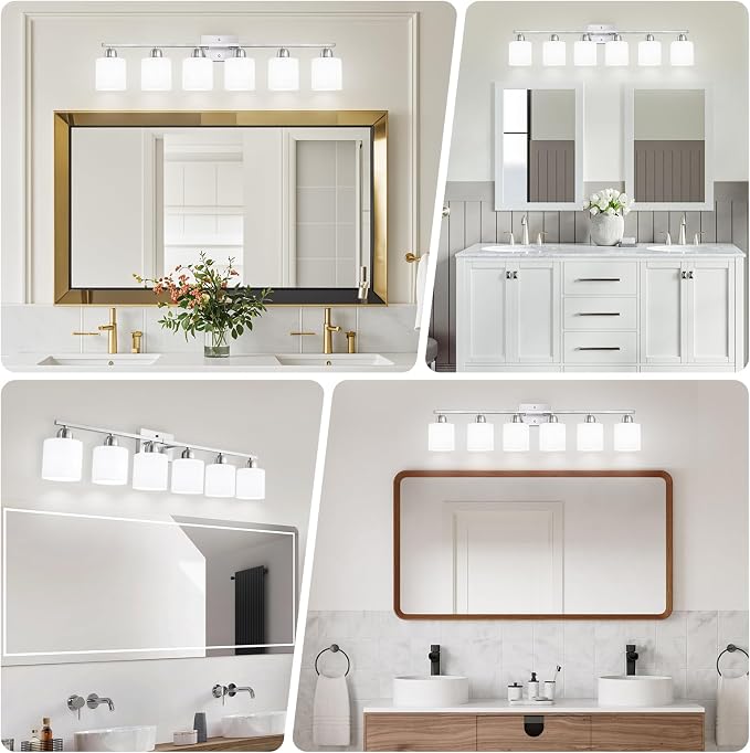 Large Bathroom Vanity Light Fixture, 6 Light Anti-Rust Finish with Milky White Frosted Glass Shades, 38 Inch Bath Light Above Mirror Light Fixture
