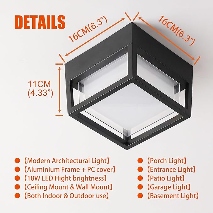 Outdoor Ceiling Porch Light LED Flush Mount for Wall or Ceiling, Square Exterior Wall Lamp for Patio Balcony Terrace, 3000K Warm Color, 125w Equivalent, Black, Wet Location, Small 6.3"x6.3"x4.3"