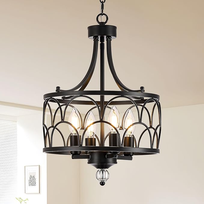 4 Light Chandelier, Black Farmhouse Light Chandelier Fixture, Industrial Adjustable Ceiling Lighting E12 Base for Kitchen Island, Bedroom, Entrance, Dining Room, Indoor