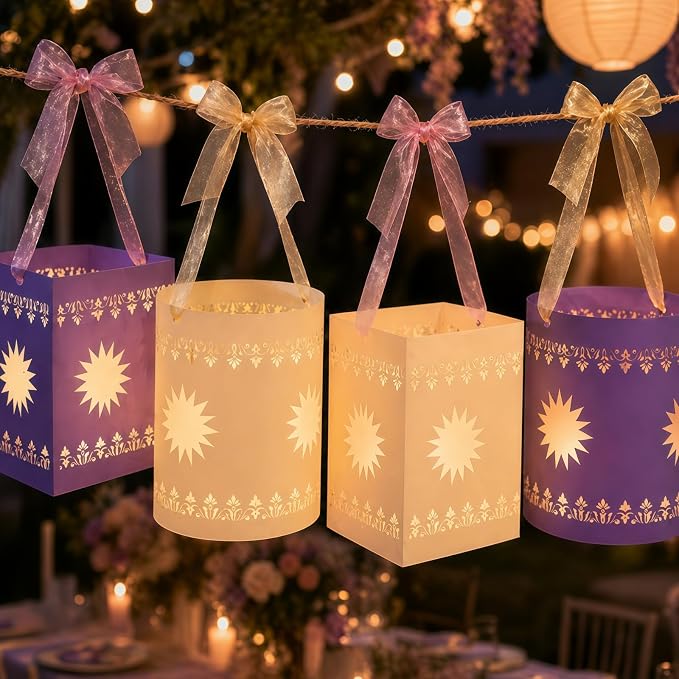 20 Pcs DIY Princess Hanging Lanterns with String Light and Ribbon | Thick Paper Sun Cutout Pattern, Girls Birthday Party Decor, Provide Tools, 10 Yellow+10 Purple, Batteries Not Included