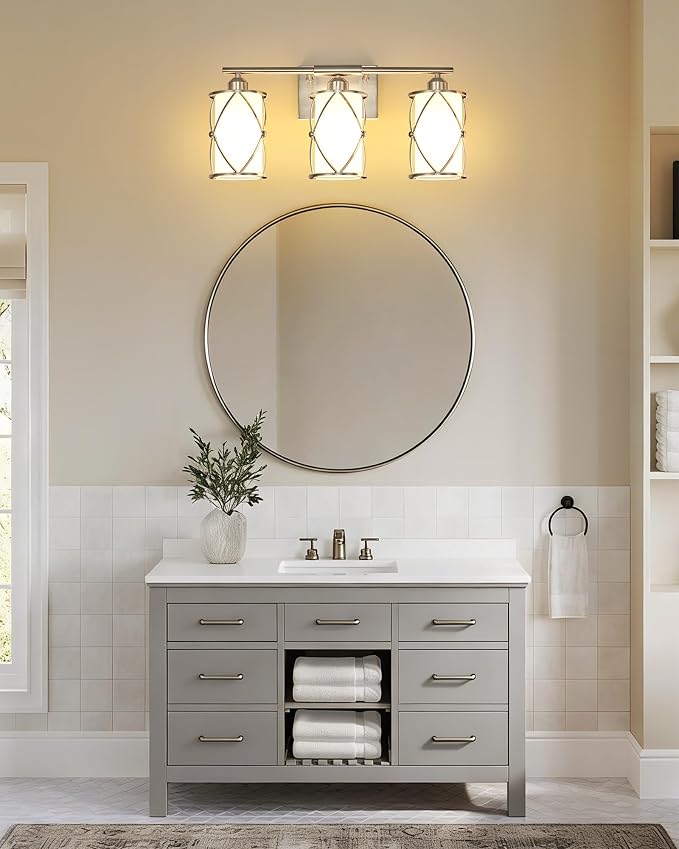 3-Light Brushed Nickel Bathroom Light Fixtures with Milk Frosted Glass, 21" Modern Bathroom Vanity Lighting Fixtures Over Mirror with Metal Cage, Wall Sconce Lights for Bath, E26, CH9176BNW-3W