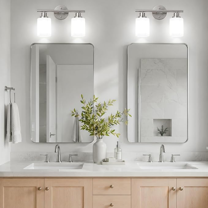 2 Light Bathroom Light Fixtures, Modern Vanity Lights with Milky White Glass Shade, Brushed Nickel Wall Lamp Over Mirror for Bathroom, Living Room, Cabinet, Bedroom, E26 Base