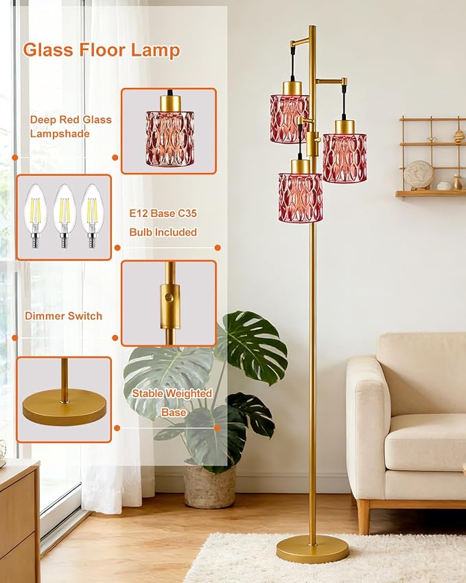 Lightdot 67" 3-Light Glass Floor Lamp for Living Room, Dimmable with Deep Red Glass Shade & E12 Bulbs Included, Mid Century Standing Tall Lamp with 5Lbs Heavy Base for Bedroom/Sofa Beside - Gold