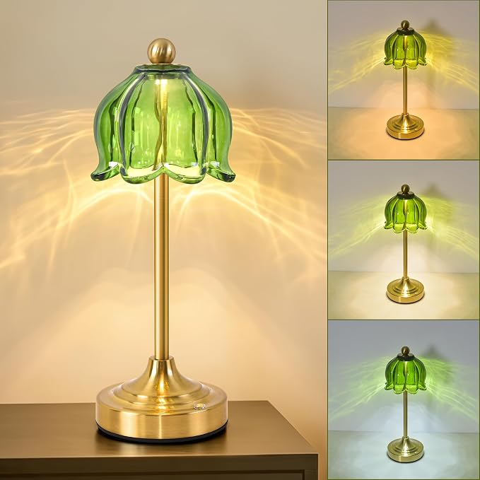 Small Tulip Cordless Table Lamp, LED Touch Accent Lamp with Amber Glass Shade, Dimmable Vintage Table Lamps for Bedroom, Kitchen, Nightstand, Restaurant