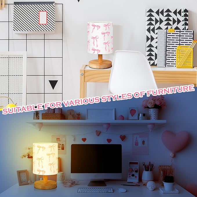 Bow Kids Table Lamp for Bedroom Kids Bedside Lamp with Linen Wooden Nightstand Cartoon Nursery Lampshade for Girls Boys Living Room
