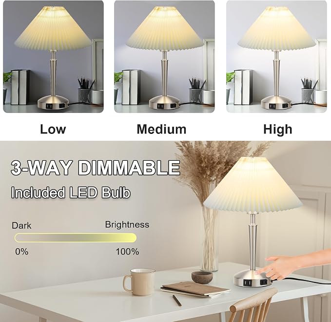 Touch Bedside Table Lamp - Modern Small Lamp for Bedroom Living Room Nightstand, Desk lamp with Fabric Lamp Shade, Warm LED Bulb, 3 Way Dimmable, Simple Design Mother's Day Gifts (Silver)