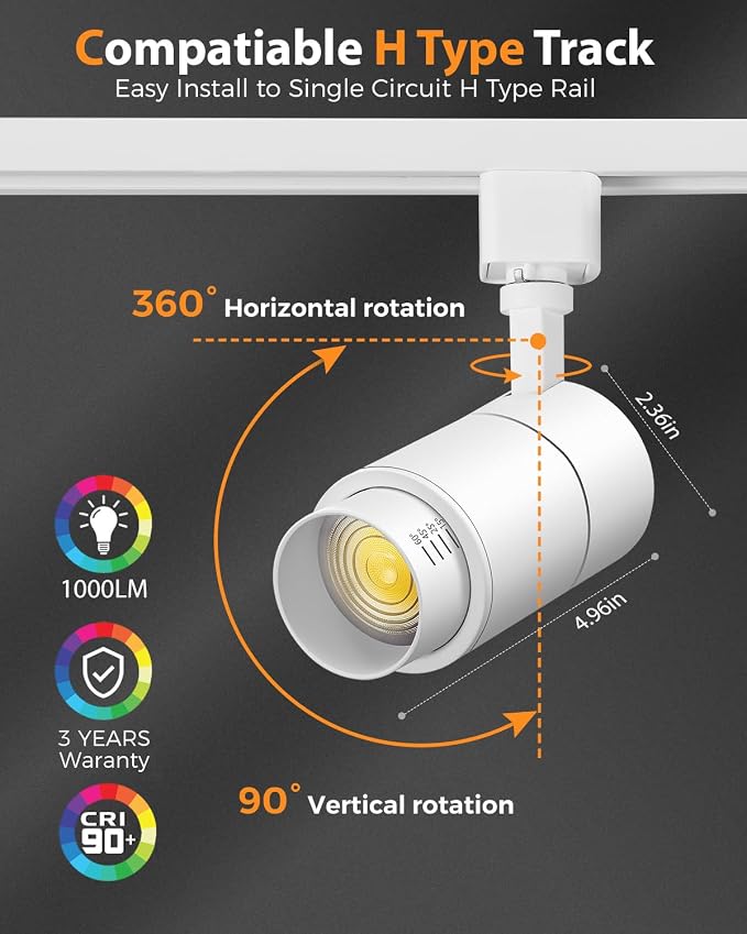 VANoopee 3-Color Zoomable 10W LED Track Lighting Heads H Type, White 4 Pack | Track Light Heads Dimmable Bright Ceiling Spotlight Fixtures Accent Art, 3000K 4000K 5000K Adjustable, CRI90+ 15°-60°, 1000lm