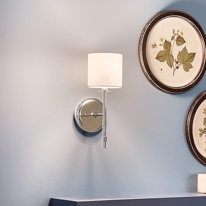 Kichler Ali 1 Light Wall Sconce in Polished Nickel with White Fabric Shade for use in Bathrooms, Bedrooms, Kitchens, Dining Rooms and Hallways, 52505PN