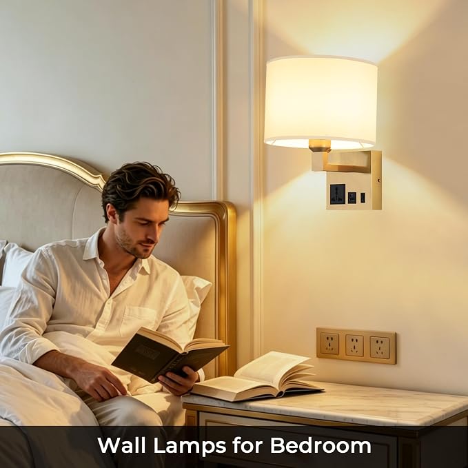 Plug in Wall Light, Wall Lamp with Brass Base Cylindrical Shape | Wall Light for Living Room Bedroom Hotel, Bedside Lamp Bulb Included, Wall Mounted Lamp with AC Outlet & USBA+C Charging Port