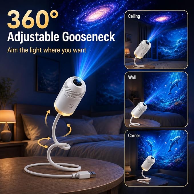 2027 Upgraded Hd Smart Dynamic 5d Holographic Night Light Projector, Plug and Play Hd Star Projector, 360° Adjustable Hd Galaxy and Ocean Projector for Bedroom Ceiling (24 Projection Films)
