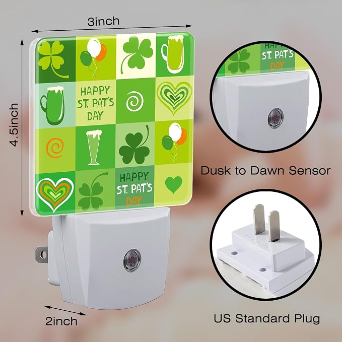 Happy St. Patrick's Day Night Light for Kids,Clover and Green Beer Night Light Plug in with Dusk to Dawn Sensor, 0.5w Energy Saving Sleep Friendly Nightlight for Hallway Stairway Kitchen Bedroom