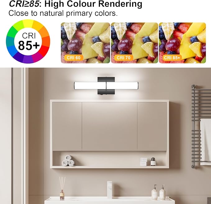2Pack 17.3Inch Black Vanity Light Fixture with Switch, 12W 5000K Led Bathroom Light Fixture Over Mirror, Hardwired Wall Light, 1200LM Vanity Light Bar for Mirror Bedroom Hallway Living Room