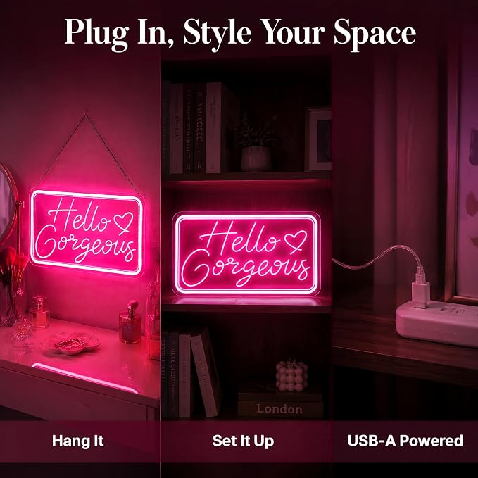 "Hello Gorgeous" Pink LED Neon Sign – Dimmable Motion Sensor Light Up Signs for Wall Decor,USB Powered Acrylic Neon Signs for Bedroom, Girls Room, 16.5"x9", Pink Light