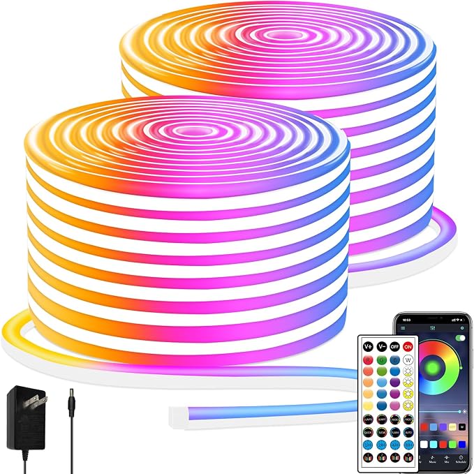 100FT Neon Rope Light,24V IP65 Waterproof RGB LED Strip Lights | Neon Lights with 40 Key Remote and APP Control for Bedroom,Multiple Modes for DIY Design（2 Rolls of 50ft with Snap &Screws）