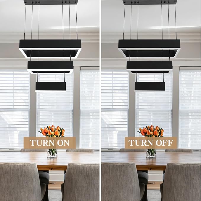 O'NEELDY Modern Chandelier 58W LED Black Pendant Light Embedded Mount Square Rings LED Chandeliers Dining Room Light Fixtures for Kitchen Bedroom, 6000K