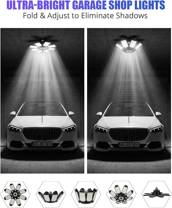 Tudoccy LED Garage Lights 2 Pack, 40000LM 8-Panel Shop Light | 6500K daylight E26/E27 screw-in bulb for workshop, basement, warehouse, attic ceiling fixture