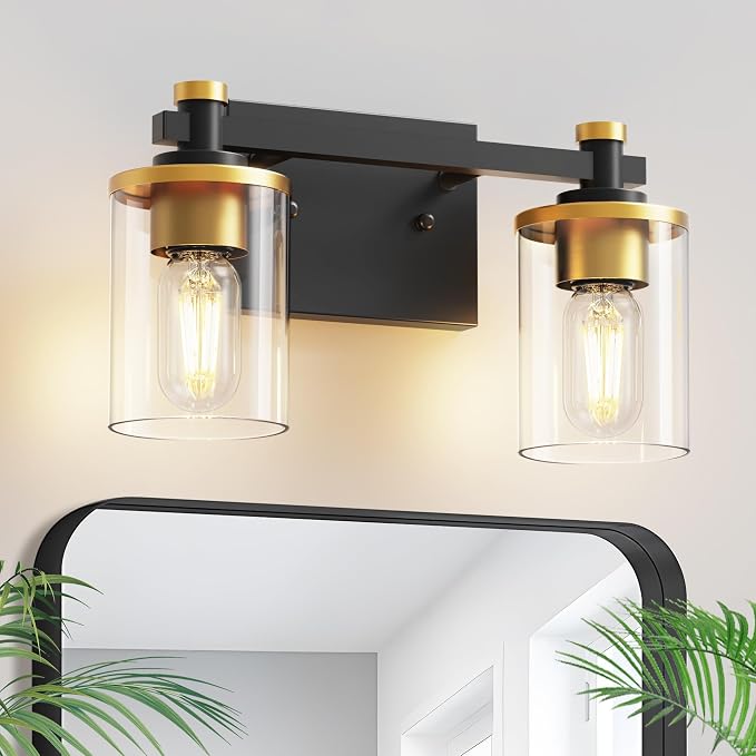 Bathroom Light Fixture, Bathroom Vanity Light Over Mirror, 2-Lights | Vanity Lights for Bathroom, Modern Lighting Fixtures with Clear Glass Shade, Black and Gold Vanity Lights, ETL Listed