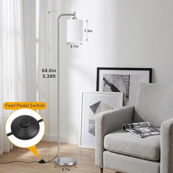 Ziisee 64" Floor Lamp for Living Room with Remote Control, White Shade with Brushed Nickel Pole, Dimmable Tall Lamps for Bedroom Office Corner, 9W LED Bulb Included