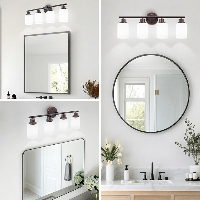 4-Light Bathroom Light Fixtures, E26 Oil-Rubbed Bronze Gold Vanity Lights for Mirror with Textured Milky White Glass Shade, Modern Kitchen Light Fixtures Wall Sconce Light