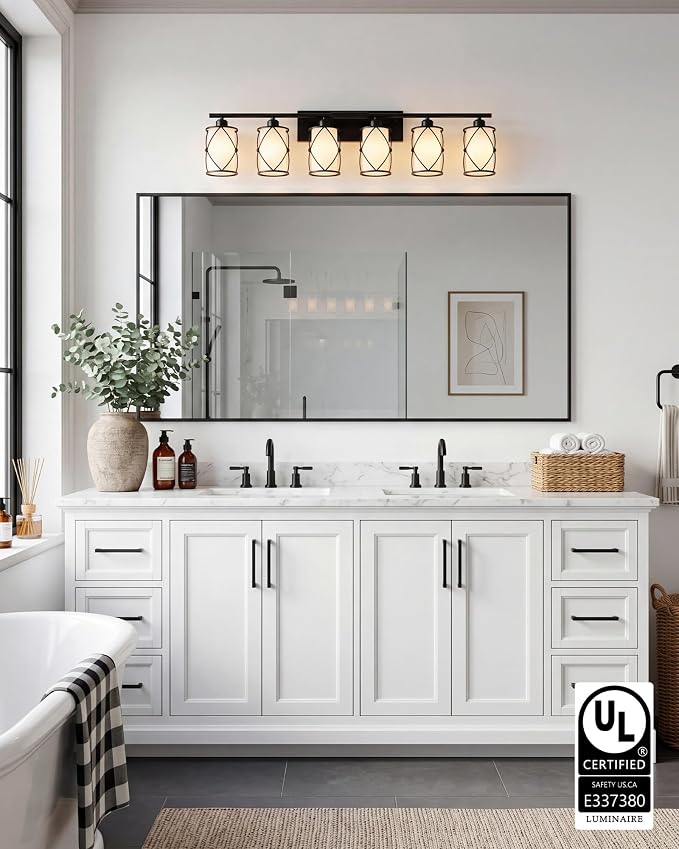 6-Light Matte Black Bathroom Light Fixtures Over Mirror, 42" UL-Listed Modern Farmhouse Wall Sconce Lights with Milk White Frosted Glass and Metal Cage for Bath, Hardwire E26, CH9176BKW-6W