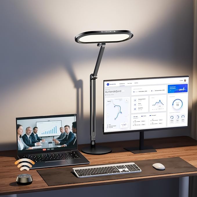 Premium LED Desk Lamp, Dual-Sided Soft Lighting with Knob Remote | Eye-Caring Diffused Light for Home Office, Video Conferencing, Zoom, Reading, Study, Craft, Stepless Dimming & Color, Memory