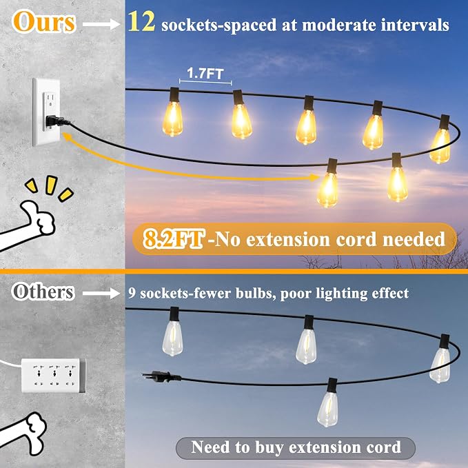 25FT Outdoor String Lights 13 Bulbs, 2200K Amber Lights | 1 Spare ST38 Edison Bulb Dimmable, Connectable Plug-in LED Patio Lights for Outsiede, Cafe, Wedding, Christmas