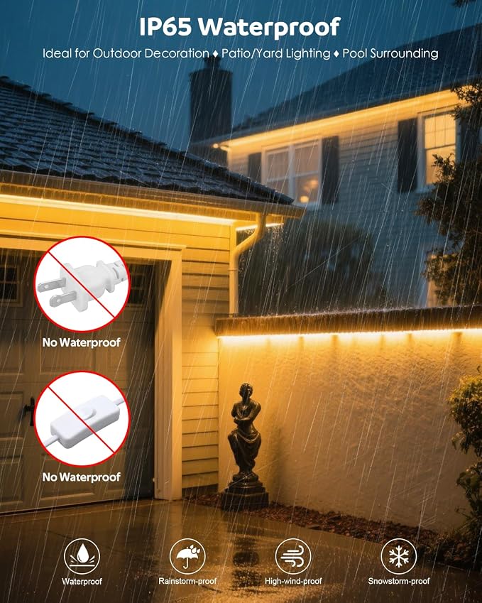 Aclorol 120V LED Strip Light 20FT Outdoor Rope Lights Waterproof Warm White | Plug and Play with 3FT Power Cord, Self-Adhesive, 120LEDs/m, CRI90+, Flexible and Cuttable for Bedroom Cabinet Hallway Patio