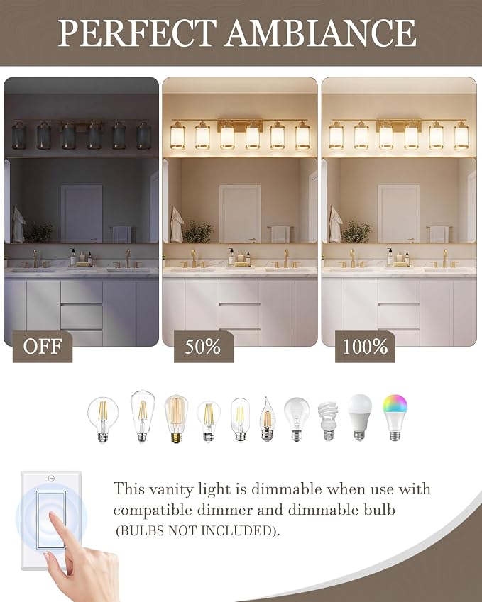 6-Light Brushed Gold Bathroom Light Fixtures Over Mirror with Frosted Milk Glass and Metal Cage Shade, 42" UL-Listed Modern Farmhouse Wall Sconce for Bath, Hardwire E26, OS-3014BGW-6W