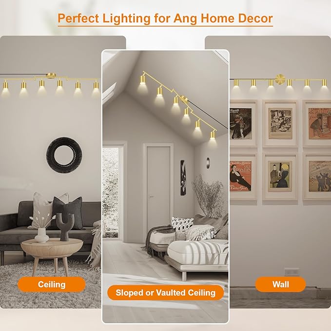 Plug in Track Lighting LED, Track Lighting Fixtures Ceiling, Gold 6-Light Kitchen Light Kit, Plug in Wall Light with 14.8ft Power Cord, Rotatable Ceiling Spotlight for Bedroom(GU10 Socket, NO Bulb)