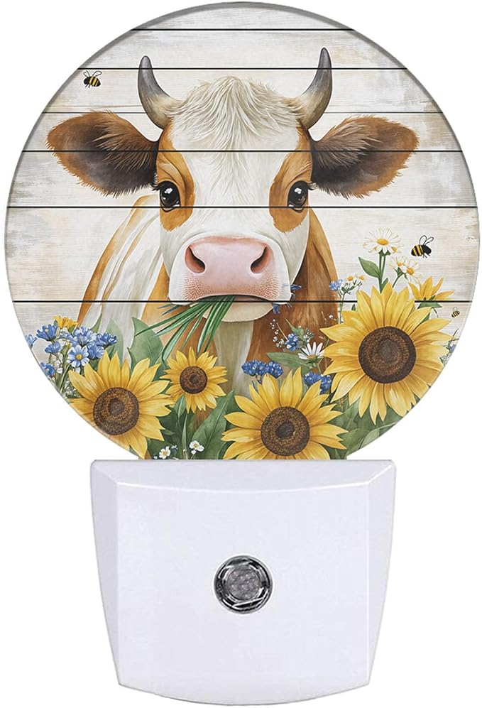 EKOBLA Rustic Farmhouse Night Light, Cattle Yellow Sunflower Night Lights Plug Into Wall with Dusk to Dawn Light Sensors, Warm Nightlights for Bedroom, Hallway, Kitchen