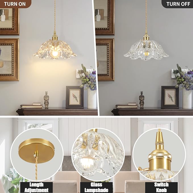 Glass Pendant Light Vintage Light Fixtures,Transparent Modern Chandelier Pendant,E26 Pendant Lights Kitchen Island,10.6 inch Hanging Lamp for Bedroom Hotel Dining Room 1 Light