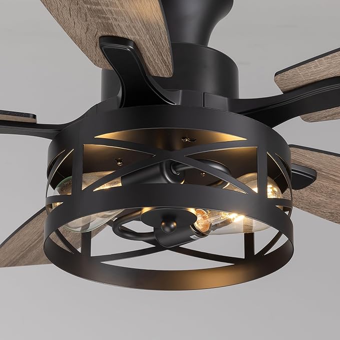 42 Inch Flush Mount Ceiling Fans with Lights and Remote Control, Low Profile Farmhouse Ceiling Fan for Bedroom Living Room and Patio, Black Caged Ceiling Fan for Indoor and Outdoor