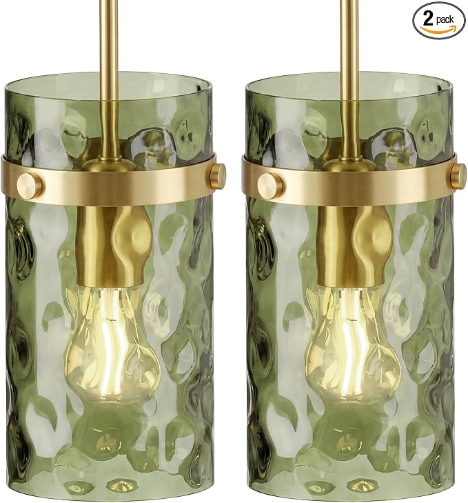 Modern Olive Green Wavy Glass Pendant Light 2 Pack - Adjustable E26 Hanging Lamp for Kitchen Island & Dining Room