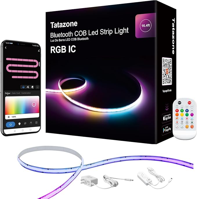 Tatazone 16.4ft Bluetooth RGB+IC COB Led Strip Light with App, Chasing COB Light Strip, Segmented Control, Music Sync, Color Changing Led Lights for Home Decor, Gaming, Cabinet, Desk