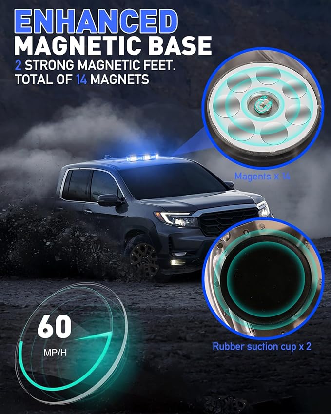 HLauto 700A Rooftop Emergency Strobe Lights Bar, 72 LED Blue White Mini Beacon Safety Flashing Warning Traffic Lights Bar w/Magnetic Base for 12-24V Trucks, Construction Vehicles, Snowplow, Cars