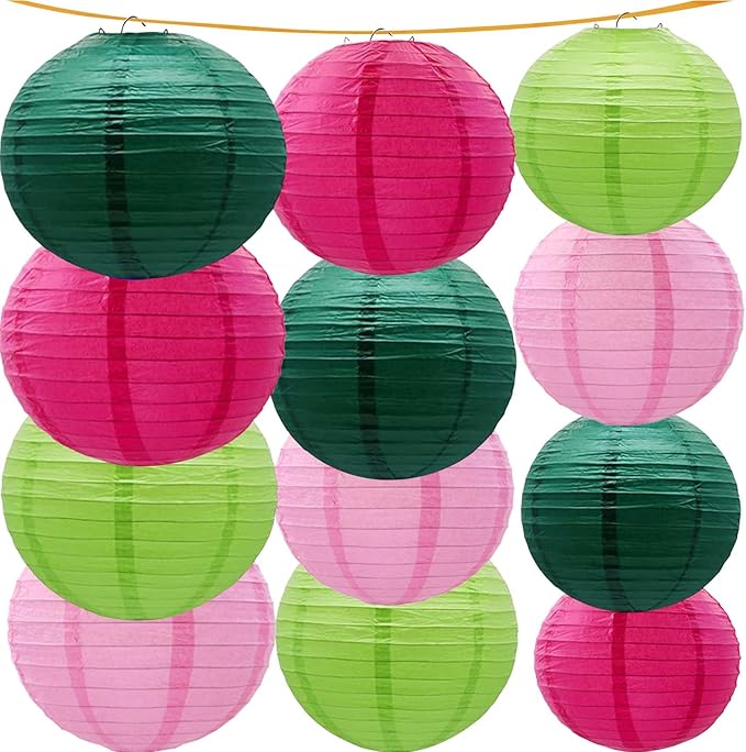 Green and Pink Paper Lanterns 12Pcs Hanging Lantern for Birthday Party, Wedding, Home Decor, Baby Shower Festive Decoration