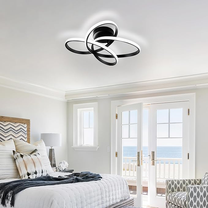 Modern LED Chandelier, 50W LED Ceiling Light with Remote Control, 3000-6000K Color Temperature Changing, Balck Chandelier for Bedroom, Entryway, Hallway, Kitchen