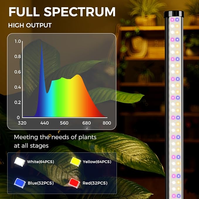 Grow Lights for Indoor Plants with Timer, 192 LEDs 42W Vertical Full Spectrum Grow Light 65 Inch Standing Grow Lights 3 Light Modes 5-Level Dimmable Wide Coverage