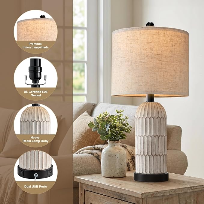 22.5" Bedside Table Lamps Set of 2, Farmhouse Table Lamp with USB A+C Charging Ports,Vintage Nightstand Lamp for Bedrooms and Living Rooms, Retro Resin End Table Lamp with Linen Shade, Black